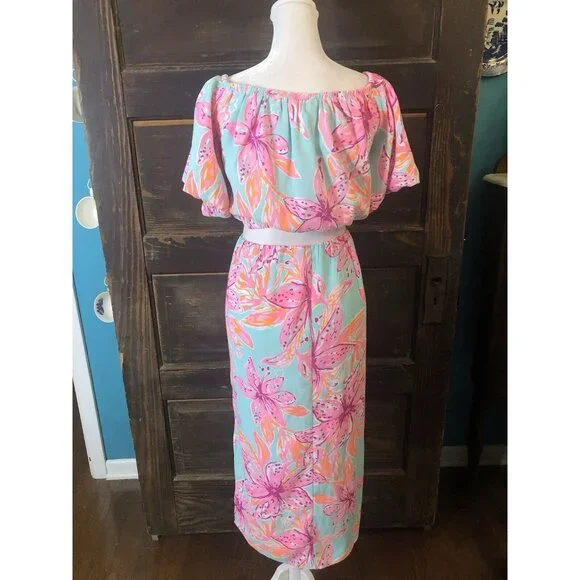 NWT Lilly Pulitzer Esmeray Midi 2PC Set Puff Sleeve Surf Blue Bonita Blooms Sz L - Picture 9 of 16